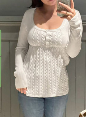 WEEKEEP 纯欲少女方领麻花排扣长袖毛衣百搭宽松显瘦A摆针织上衣