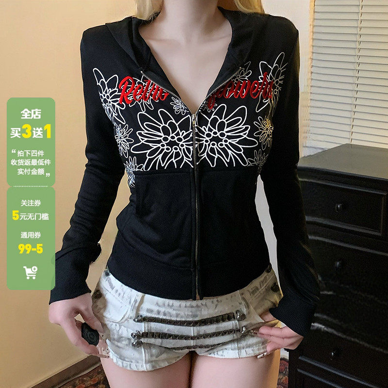 WEEKEEP 古早感花卉印花字母刺绣连帽长袖拉链外套女百搭显瘦卫衣
