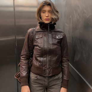 皮夹克女秋冬修身 风棕色立领口袋长袖 拉链短外套 复古工装 WEEKEEP
