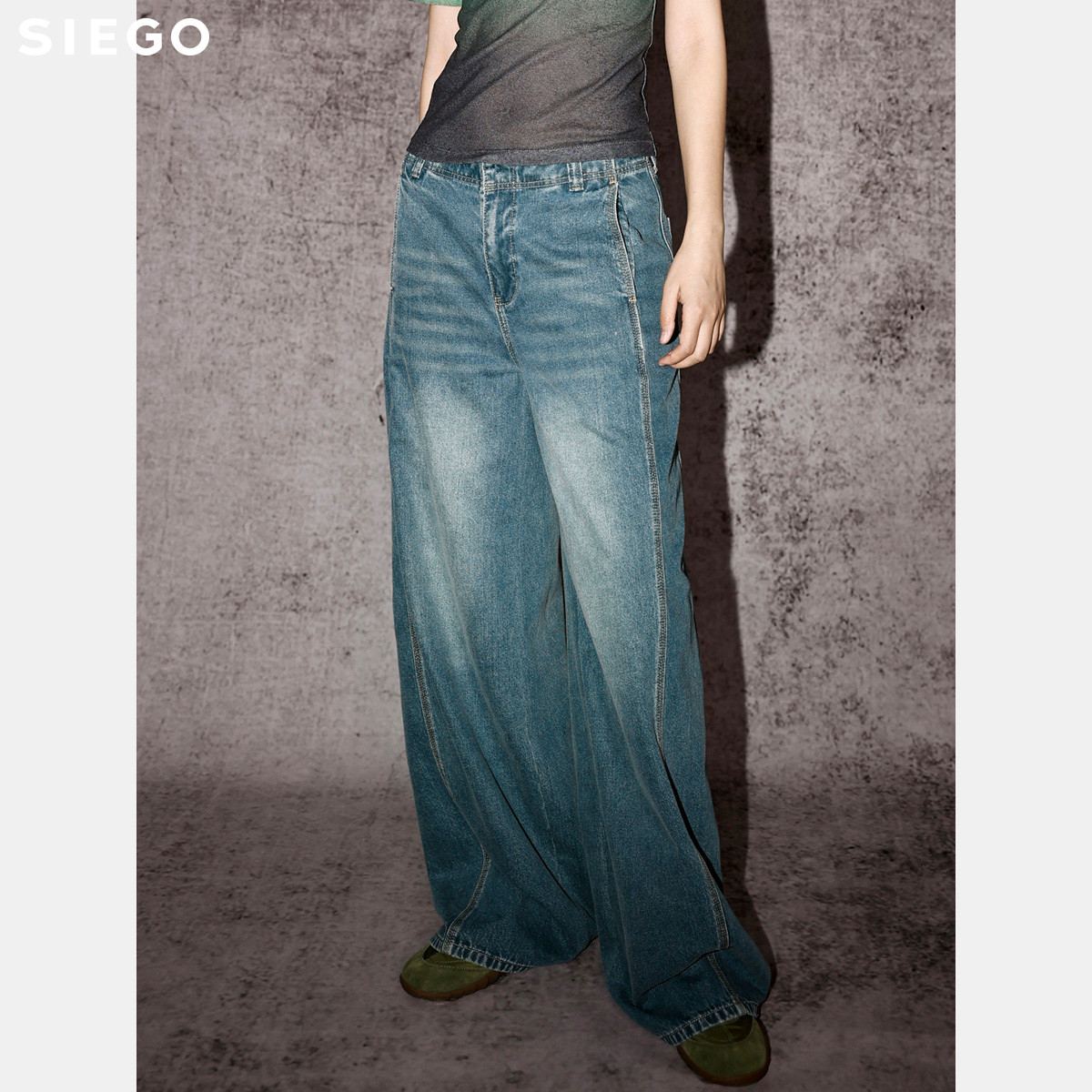 Siego西蔻复古酸洗通勤挺括直筒牛仔阔腿裤64521215