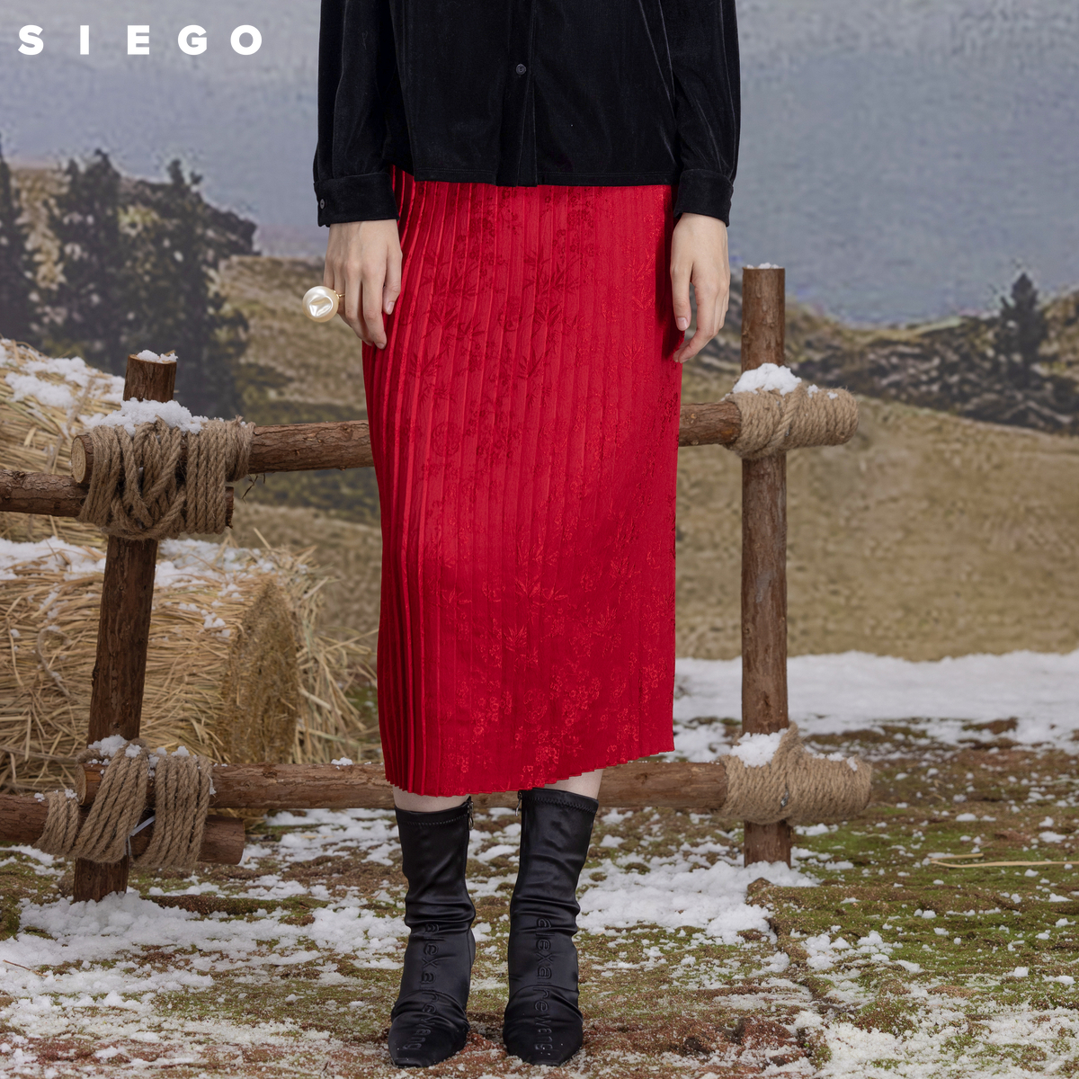 Siego西蔻都市摩登细条压褶锻感暗纹提花半裙64442504