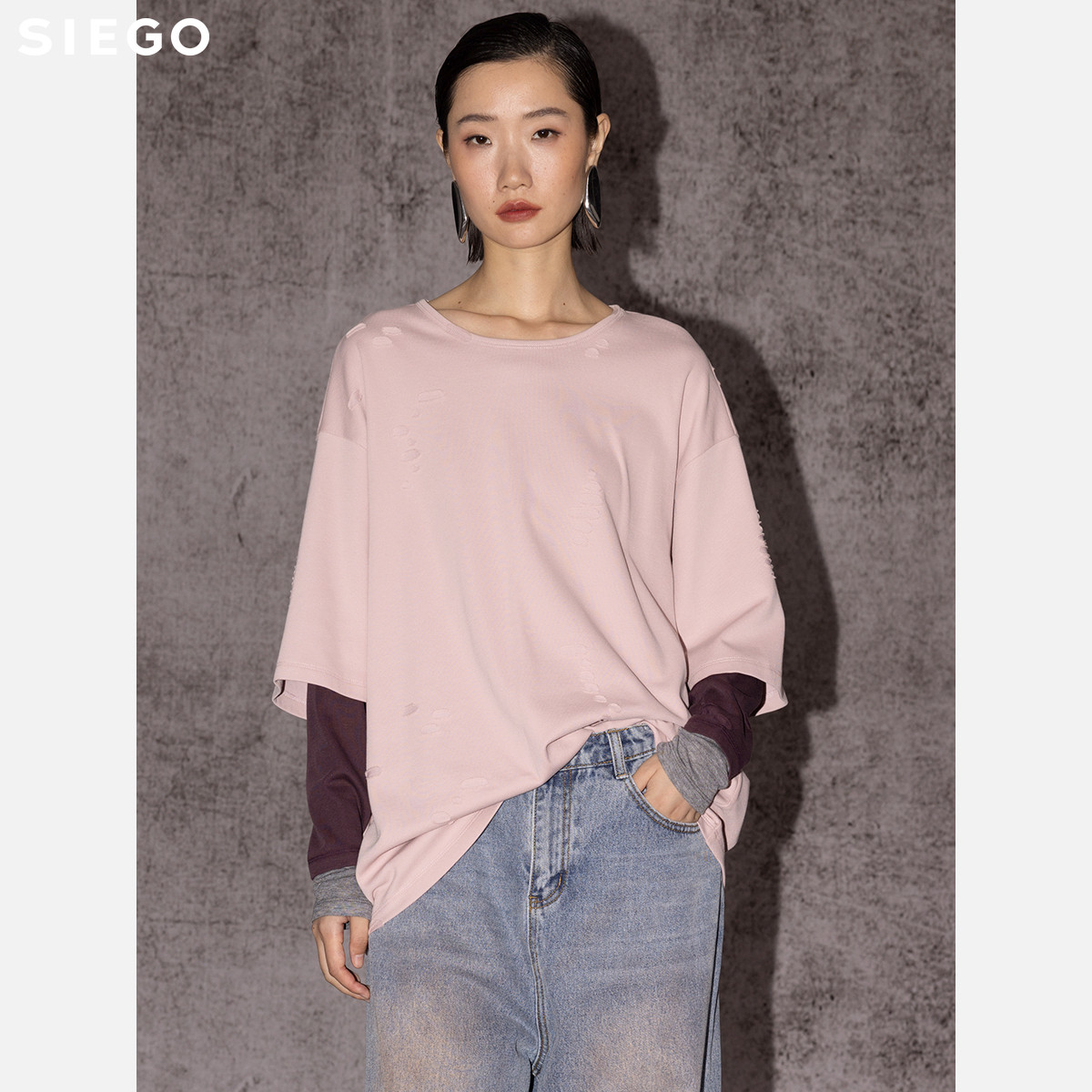 Siego西蔻撞色宽松舒适包容假两件T恤64525610