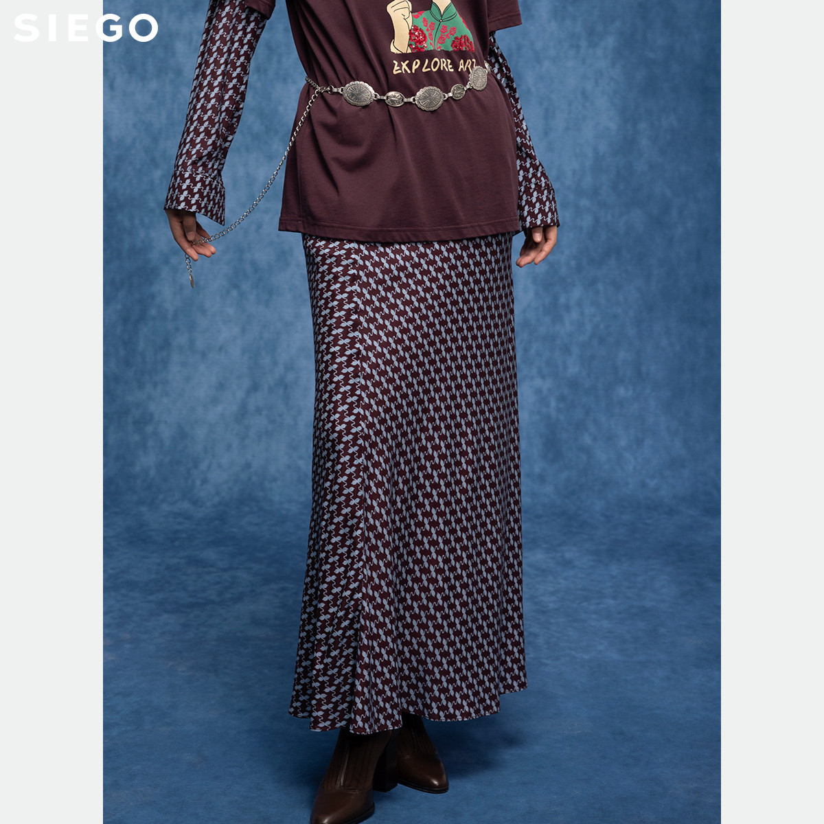 Siego西蔻浪漫度假人丝天鹅透底印花鱼尾半裙64522608