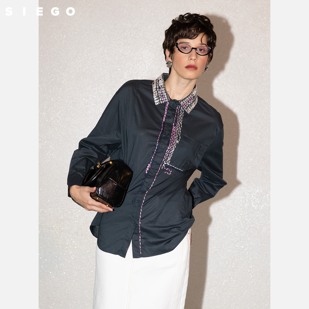 Siego西蔻100%棉复古多股线绣文艺长袖衬衫64514206