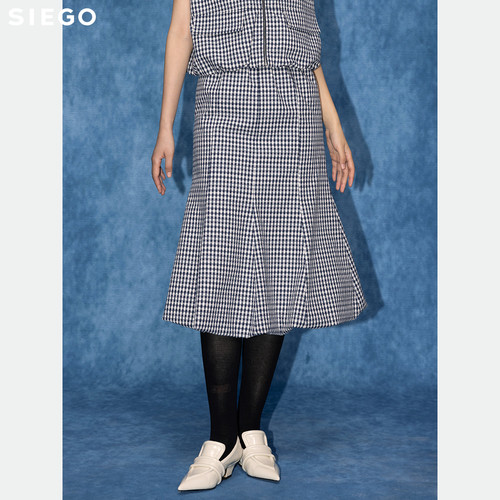 Siego西蔻色织蓝白格学院风花苞裙64522208
