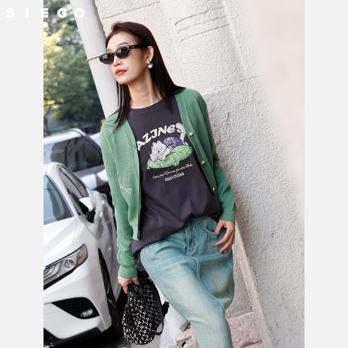 Siego西蔻简约廓形珠片绣花修身针织开衫64517316