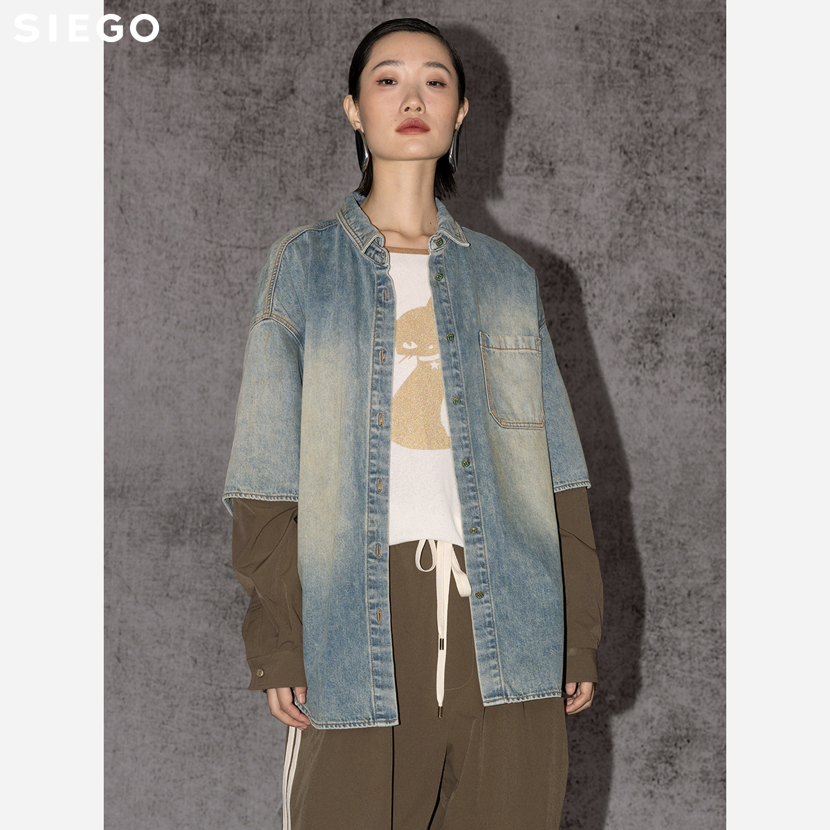 Siego西蔻假两件时尚流行废土风牛仔衬衫外套64524204