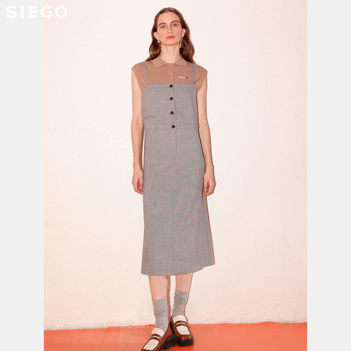 Siego西蔻狮鹭灰学院风背带褶皱下摆连衣裙64533610