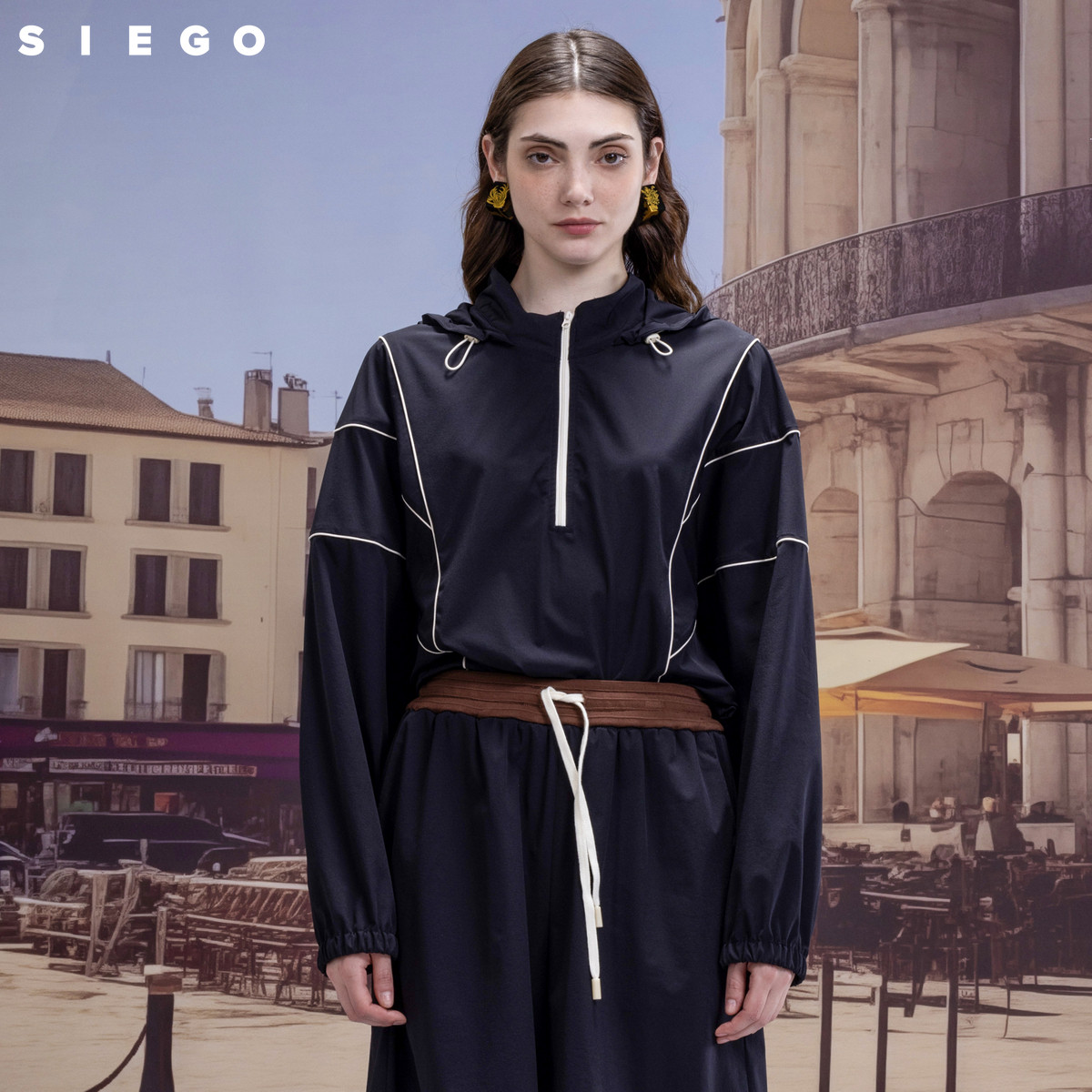 Siego西蔻宽松运动风撞色包边连帽冲锋衣外套64428311