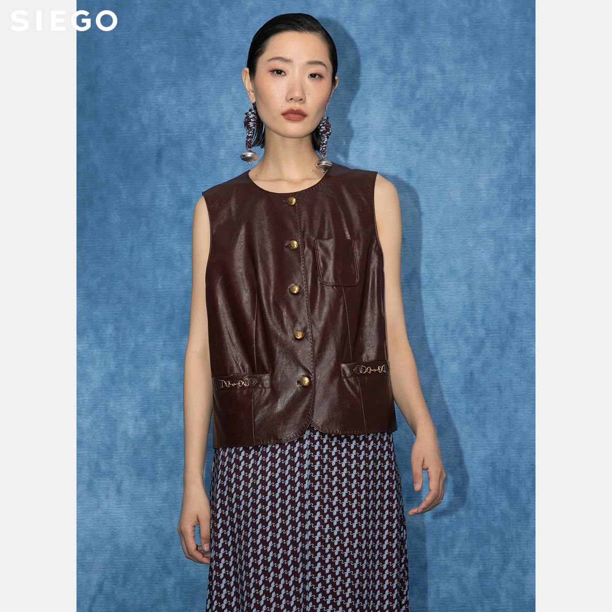 Siego西蔻复古时髦精工光感皮纹洗水皮马甲64526501