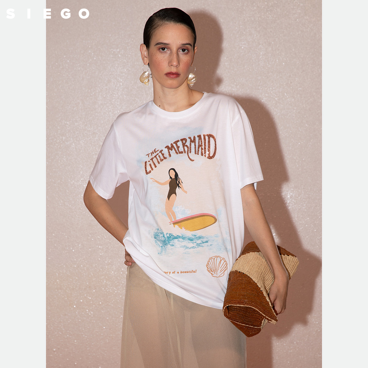 Siego西蔻沙白色多重工艺卡通图案宽松休闲T恤64535510