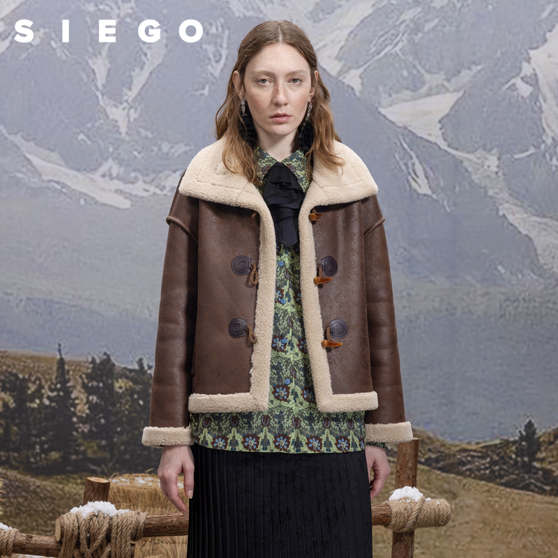 Siego西蔻机车摩卡棕复古时髦翻领牛角扣环保皮草外套女64449619