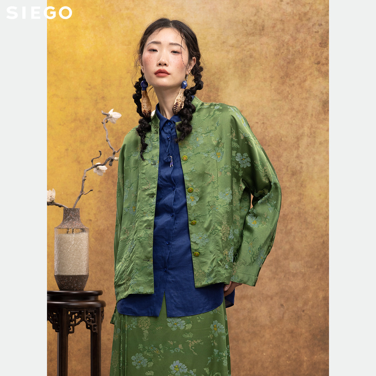 Siego西蔻宽松舒适印花彩绘真丝新中式外套64524613