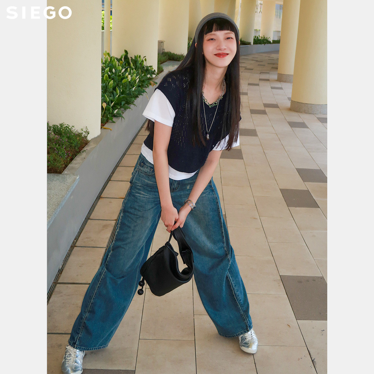 Siego西蔻复古酸洗炒盐直筒牛仔阔腿裤64521202