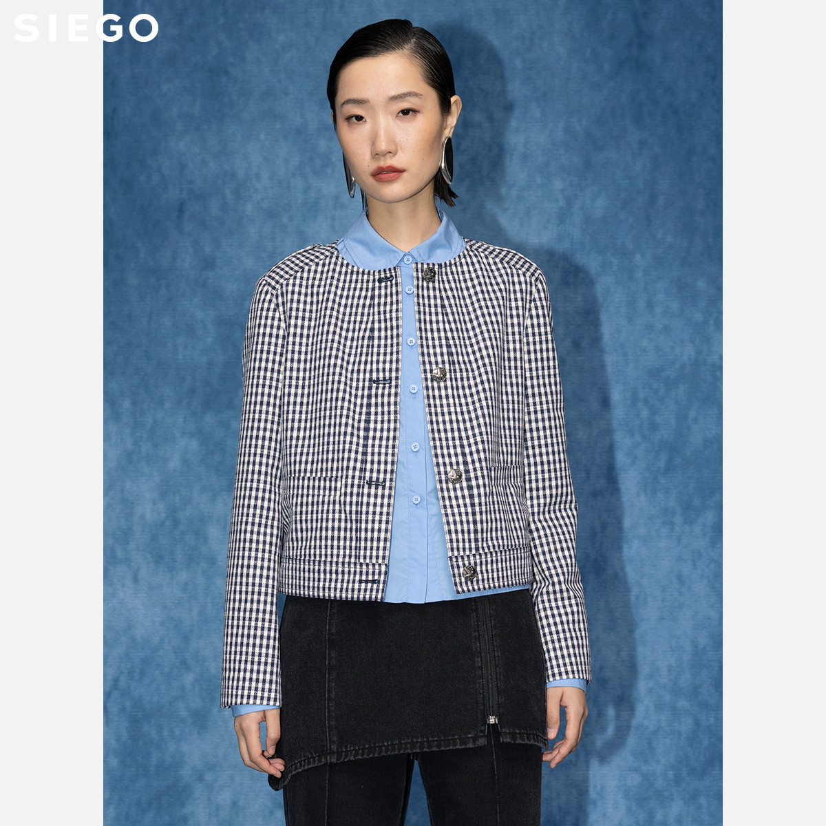 Siego西蔻色织蓝白格学院风外套64528206