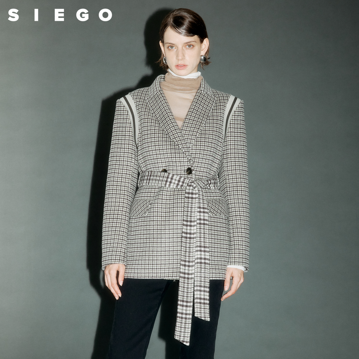 Siego西蔻经典威尔士格纹本布腰带羊翻领毛大衣64348202