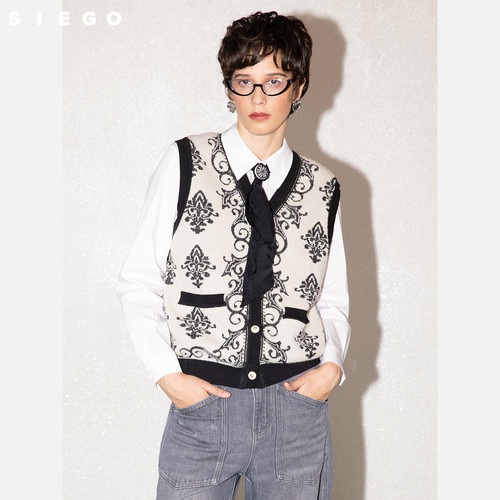 Siego西蔻羊驼绒黑白相间复古花纹针织背心64517503