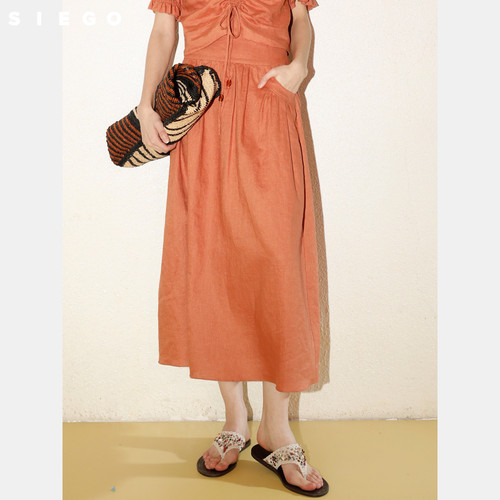 Siego西蔻火砖色100%亚麻优雅气质高腰半裙64532510
