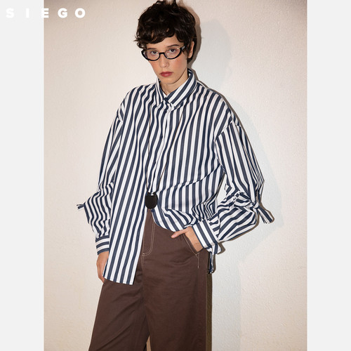 Siego西蔻宽松版型100%棉蓝白条纹学院风长袖衬衫64514509