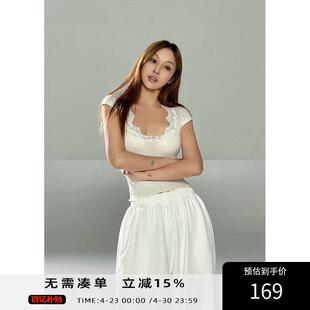 Angelapopewang 黑的王 珍珠白微低胸蕾丝拼接针织T恤女纯欲短袖