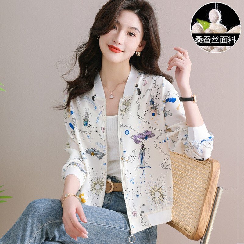桑蚕丝棒球服女夏季薄款防晒衣印花开衫短外套时尚真丝夹克上衣潮