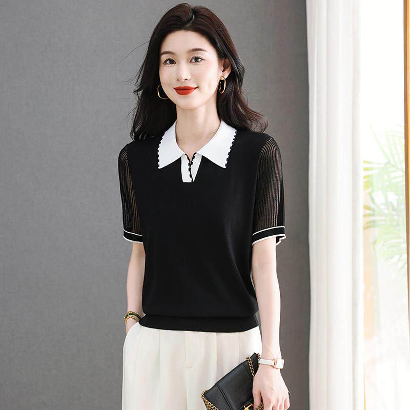 冰丝短袖TT恤女士夏季2025新款爆款翻领桑蚕丝针织衫高端品牌上衣
