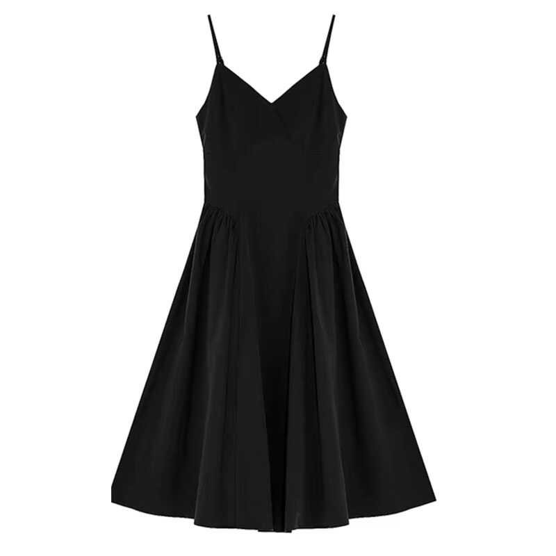 2024夏季新款法式V领吊带连衣裙女收腰设计感显瘦小众黑色无袖裙