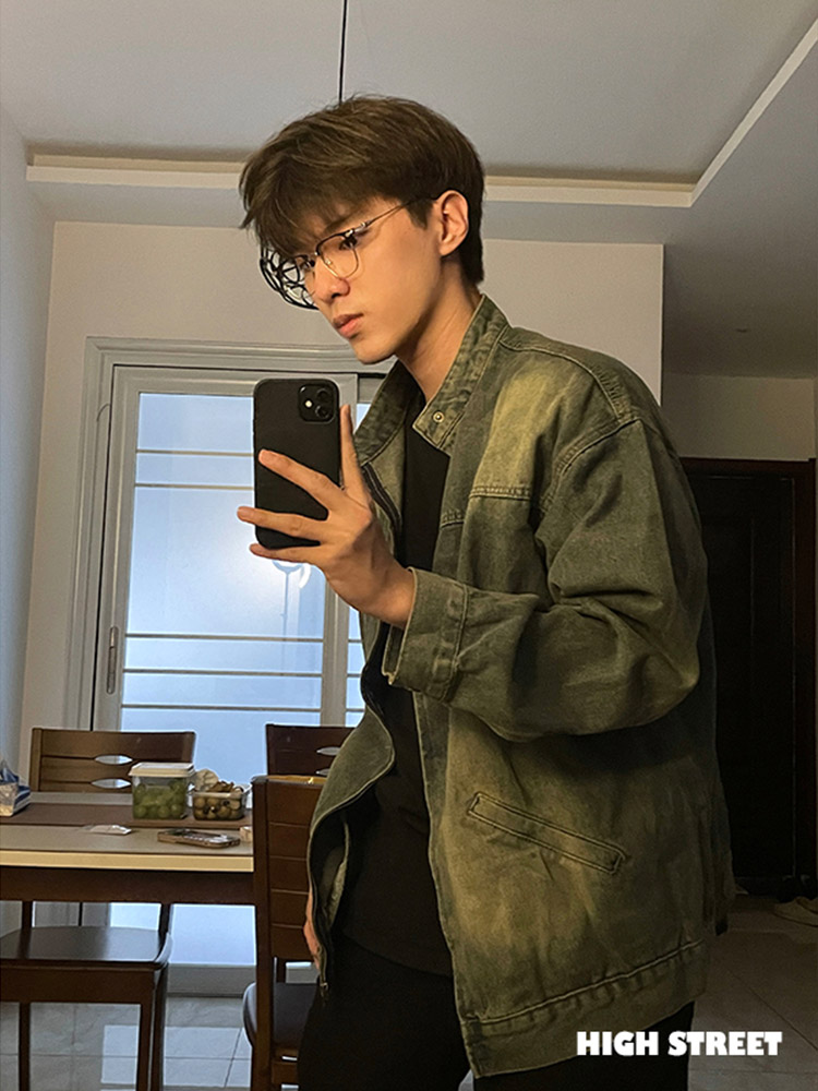 YETUAN 复古蓝色牛仔外套男秋原宿风潮牌工装夹克vintage情侣上衣