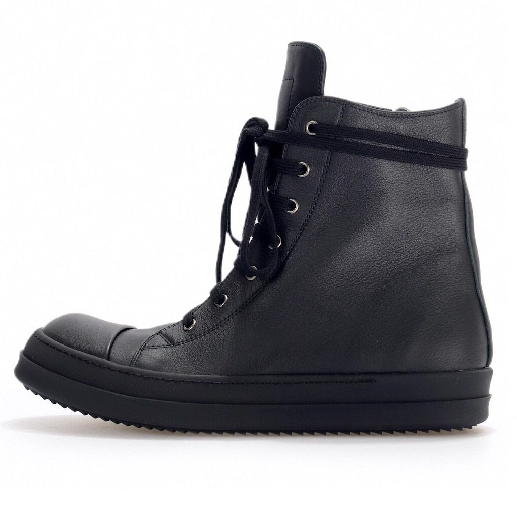 Rick RO全黑高帮鞋皮面大框威暗黑先锋设计师T台走秀款男女潮鞋