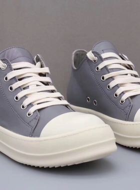 Rick RO鞋子低帮灰色皮面新款高级皮男女款低帮系带休闲鞋定制款