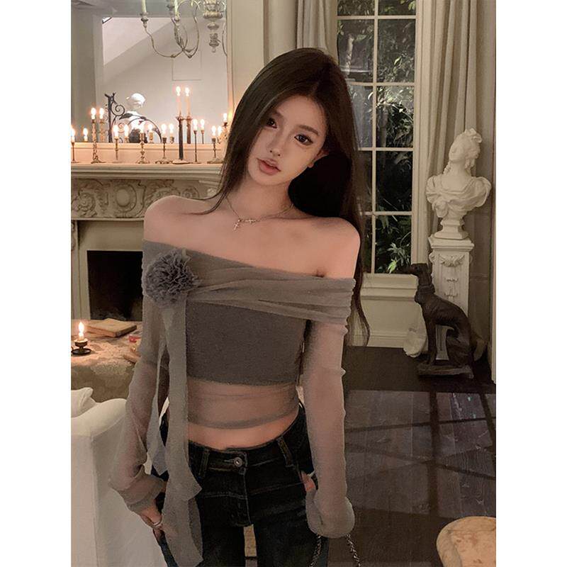 肩上网纱一字洋气细闪优雅drawdream女装夏季花朵高端衣立体小衫