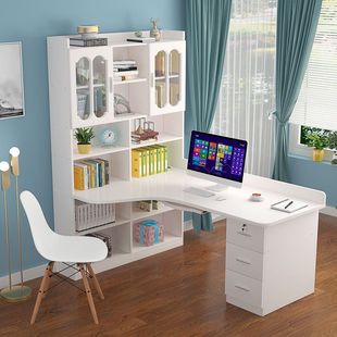 电脑桌家用墙角写字书桌书架书柜一体组合儿 实木转角台式 包邮 新疆