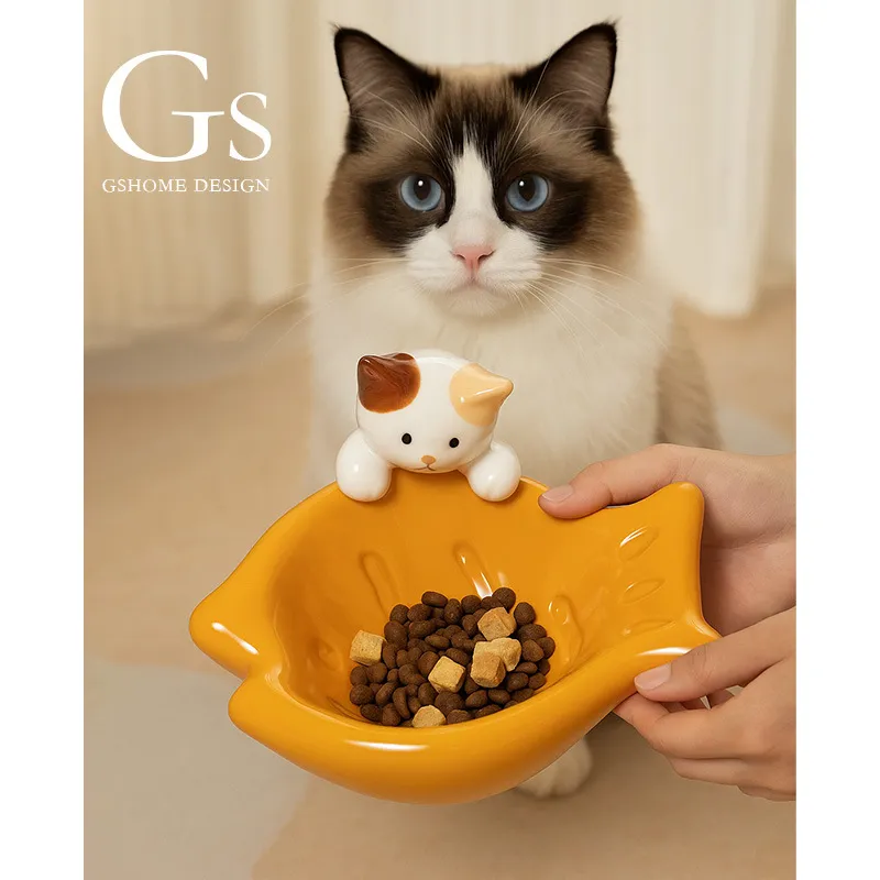 矮脚猫幼猫陶瓷猫碗大容量保护颈椎创意可爱宠物碗卡通猫粮碗