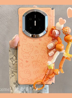 适用华为MateX7折叠屏手机壳韩系可爱卡通橙色线条猫咪小熊MateX6典藏版腕带挂绳matex5X3中轴翻盖防摔男女款