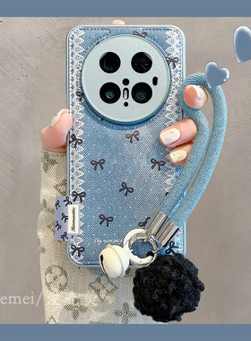 适用华为mate70pro+手机壳蓝色牛仔纹蕾丝围边波点蝴蝶结Mate60pro毛球挂绳MT5040pro气垫皮纹pura80pro+女款