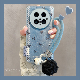 女款 适用华为mate70pro 手机壳蓝色牛仔纹蕾丝围边波点蝴蝶结Mate60pro毛球挂绳MT5040pro气垫皮纹pura80pro