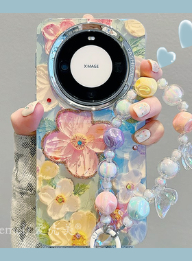 适用华为mate60pro+手机壳mate70pro+高级感油画花朵mate40pro蓝光滴胶彩钻mate50pro链条防摔软硅胶保护女款