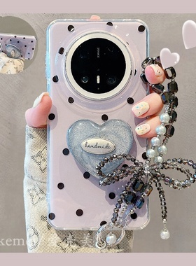 适用华为mate70pro+手机壳韩系高级感黑色波点Mate60pro水晶爱心支架mate70链条挂绳pura70pro+双层防摔女款
