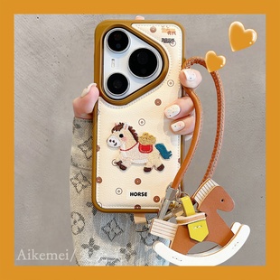 木马吊坠手绳p8070pro皮质mate80promax防摔女款 宝铜钱刺绣小马Pura70pro 手机壳中国风元 适用华为pura80pro