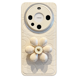 适用华为mate70pro手机壳高级感白色皮质mate80全包镜头mate60pro+立体山茶花支架mate5040pro珍珠手链腕带女