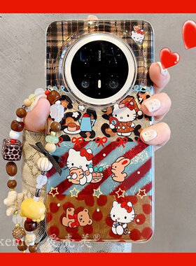 适用华为mate70pro+手机壳复古个性豹纹拼接小猫兔子Mate60pro链条挂绳mate70新款双层pura80pro+硅胶防摔女