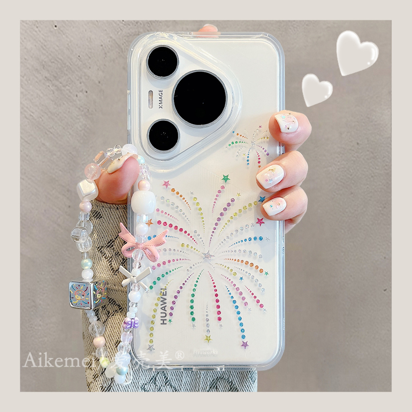 适用华为pura80pro+手机壳日韩ins简约鎏金水钻烟花Pura70pro链条挂绳p8070pro双层透明mate80promax保护套女