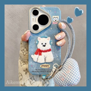 防摔男女款 适用华为pura80pro 手机壳秋冬可爱刺绣毛绒小狗Pura70pro格纹爱心牛仔挂绳p807060皮质mate70pro