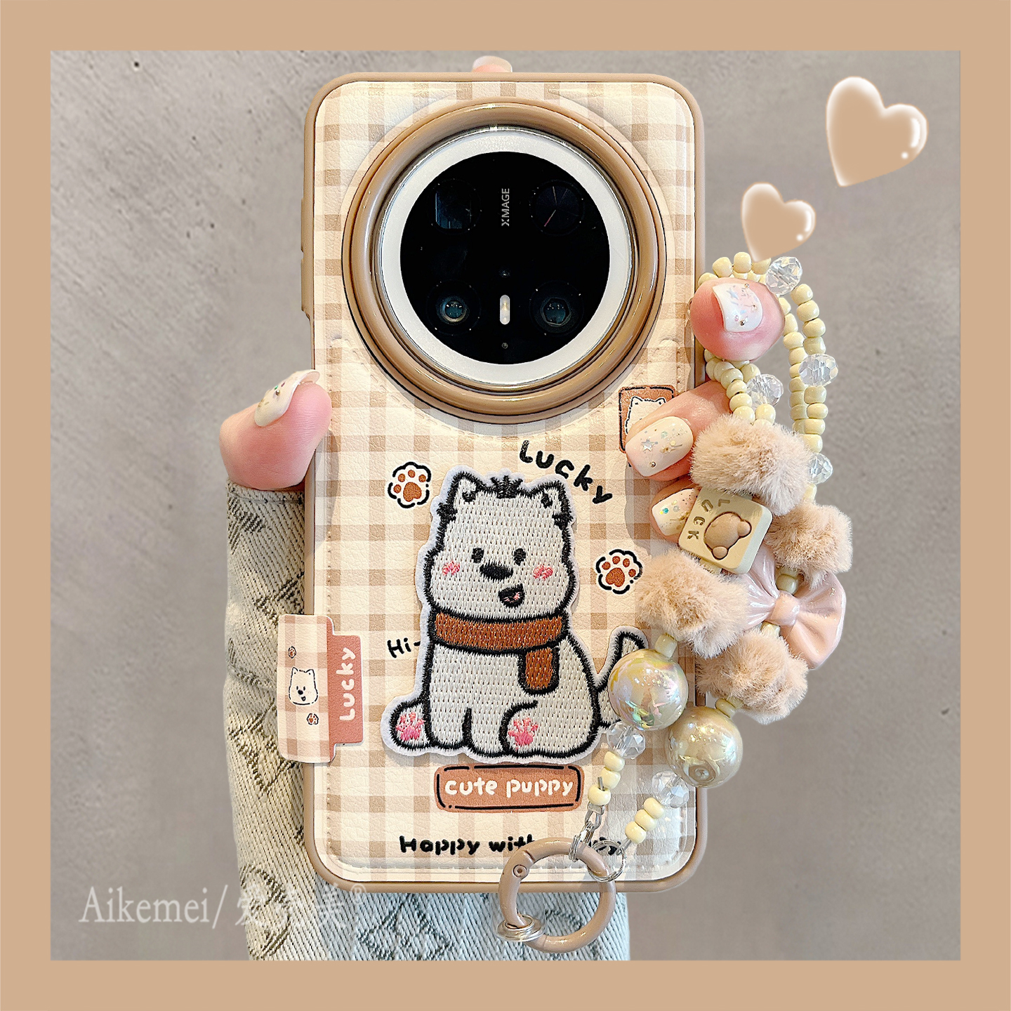 适用华为mate70pro+手机壳韩系ins棕白格纹刺绣围巾狗狗mate60pro链条挂绳MT70气垫皮纹pura80pro+防摔保护套