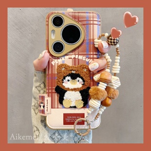 防摔男女款 适用华为pura80pro 手机壳秋冬复古格纹刺绣小熊头套企鹅Pura70pro链条p807060气垫皮纹mate70pro