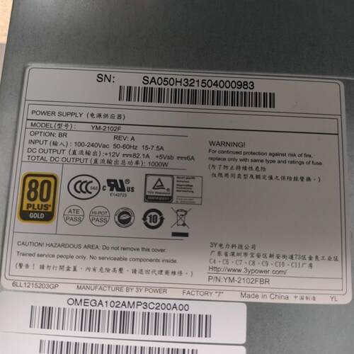 原装曙光 A840R-G 3Y YM-2102F 1000W 服务器电源 YM-2102FBR