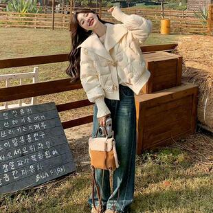 轻薄白色羽绒棉服女2024冬季新款拼接针织大翻领短款小个子面包服