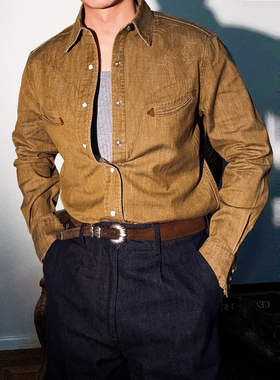 美式复古开口笑口袋刺绣西部衬衫8.5OZ全棉水洗做旧工装长袖衬衣