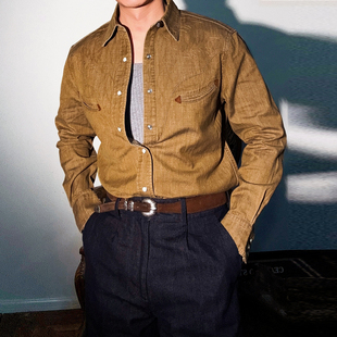 长袖 8.5OZ全棉水洗做旧工装 衬衣 复古开口笑口袋刺绣西部衬衫 美式