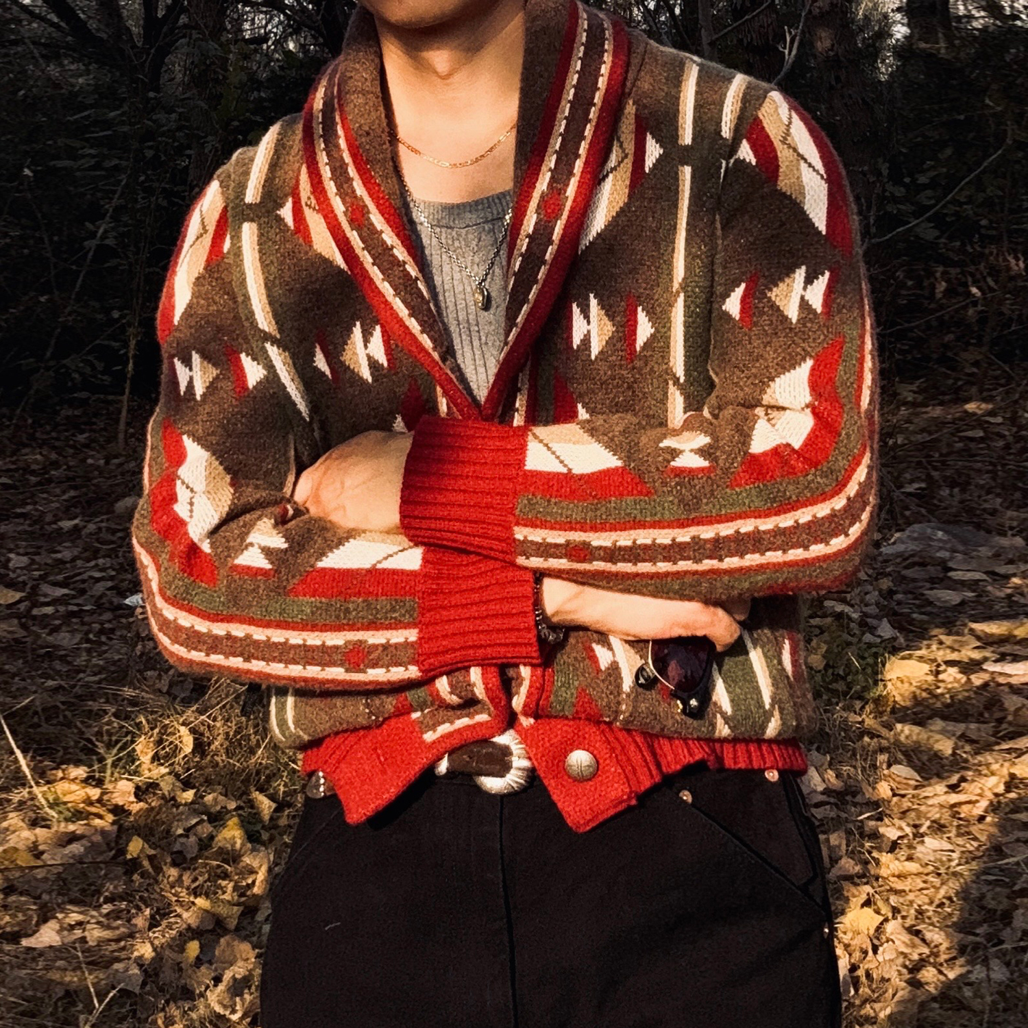 美式复古费尔岛青果领西南风羊毛开衫重磅针织提花毛衣节日氛围感